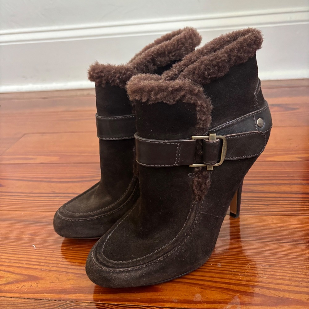 Joan David Daeyvind Suede Ankle Boots Brown Shearling Fur Buckle Stiletto Heel 8